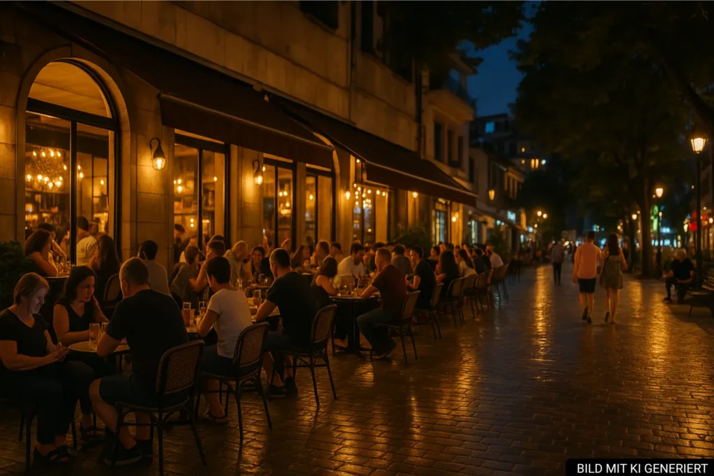 Abendliche Straßencafé-Szene in Tirana mit warmem Licht und sitzenden Gästen