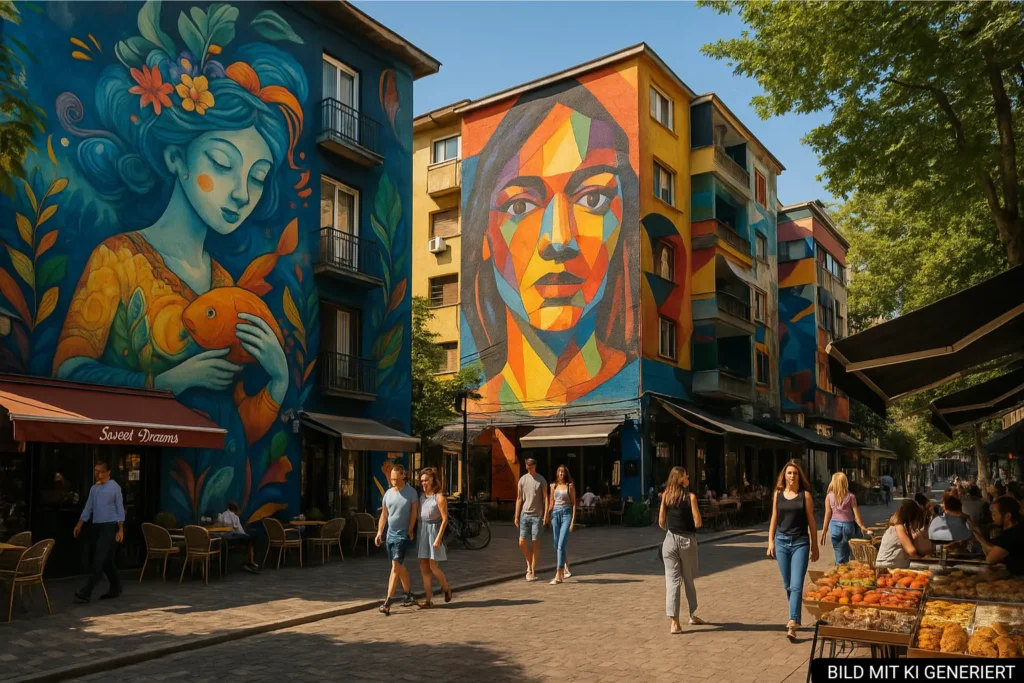 Street-Art-Szene im Viertel Blloku in Tirana mit großen Murals, Cafés und Passanten