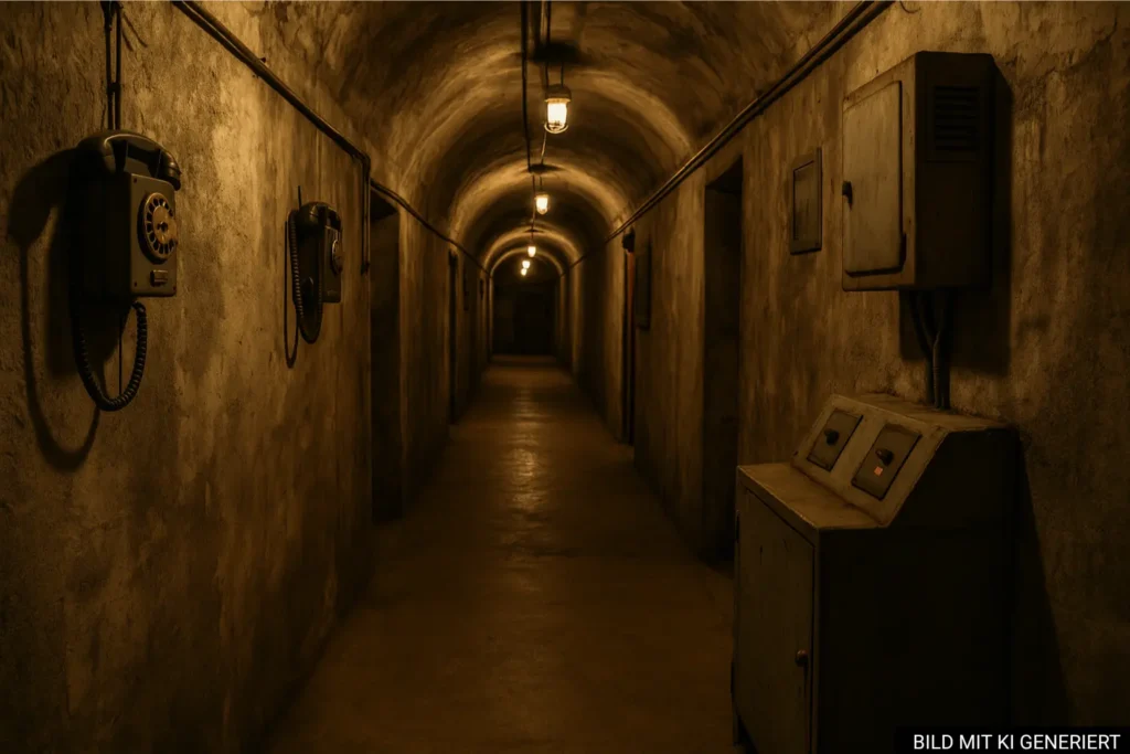Unterirdischer Gang im Bunk’Art 1 Museum in Tirana mit Betonwänden und alten Telefonapparaten