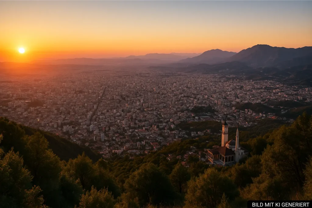 Panoramablick vom Dajti-Berg über Tirana bei Sonnenuntergang mit klarer Sicht