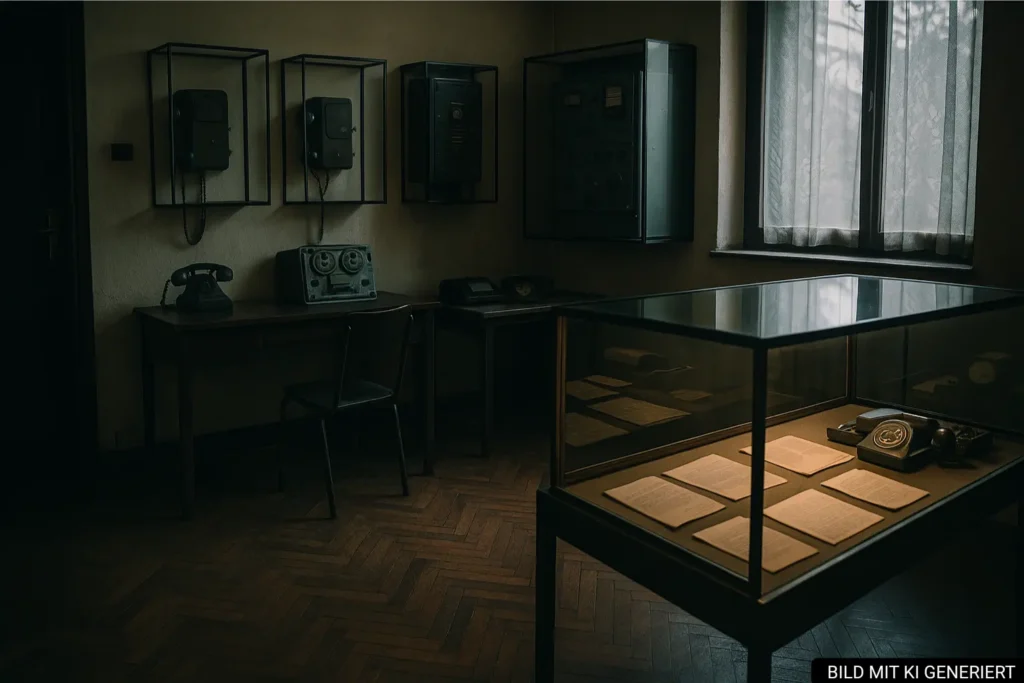 Innenraum des Haus-der-Blätter-Museums in Tirana mit alten Abhörgeräten und Dokumenten