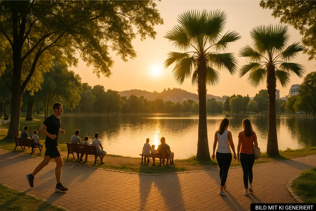 Abendstimmung im Parku i Madh in Tirana mit See, Joggern, Familien und Palmen