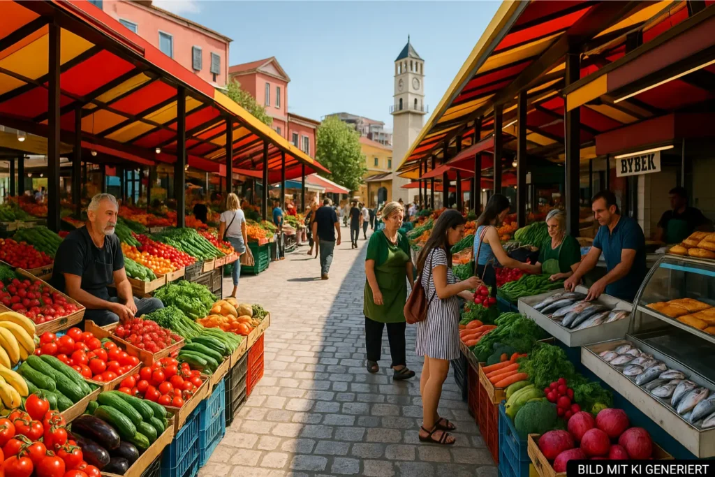 Pazari i Ri Markt in Tirana mit bunten Obst- und Gemüseständen sowie Fisch und Byrek