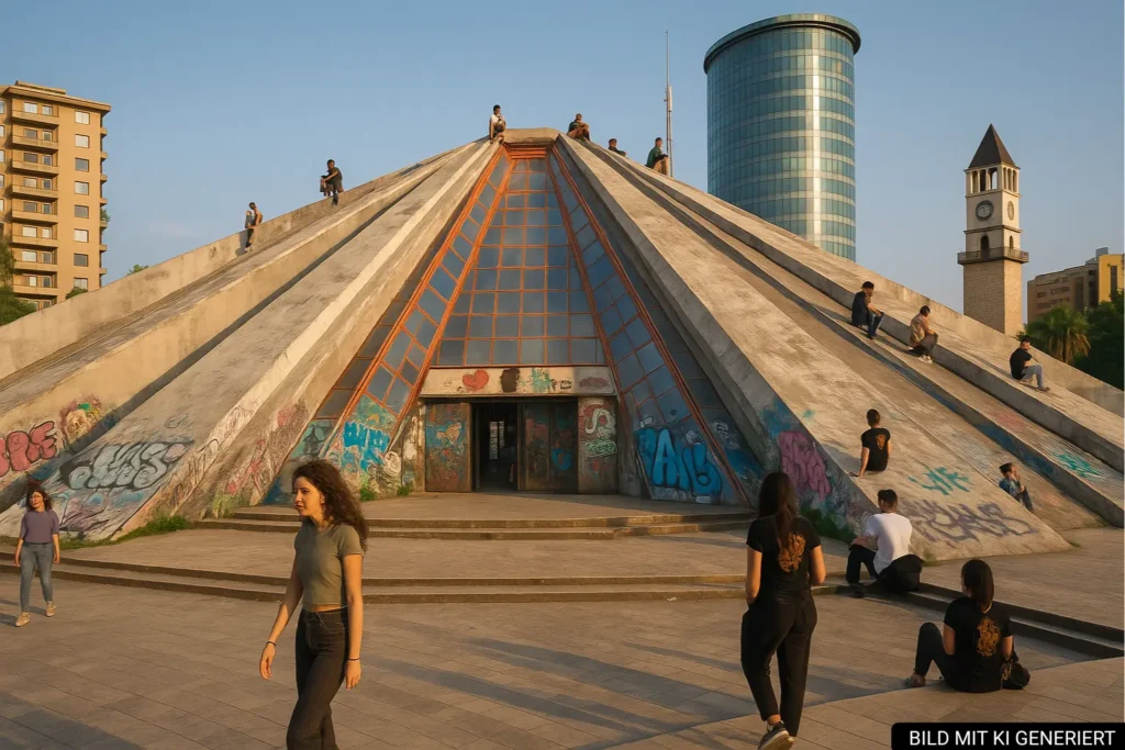 Piramida von Tirana mit Graffiti und jungen Menschen auf den Betonrampen bei Nachmittagssonne