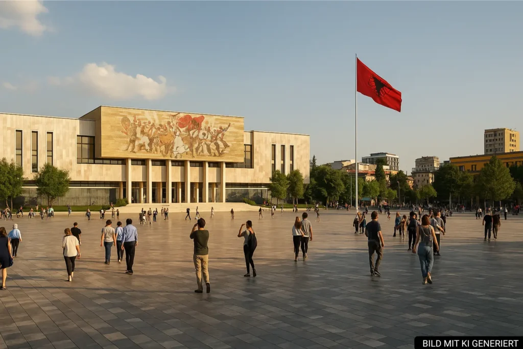 Skanderbeg-Platz in Tirana mit Nationalmuseum und albanischer Flagge bei Nachmittagssonne