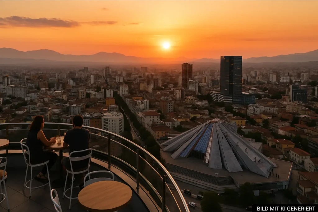 Sonnenuntergangsblick von der Sky Bar im Sky Tower über die Dächer von Tirana