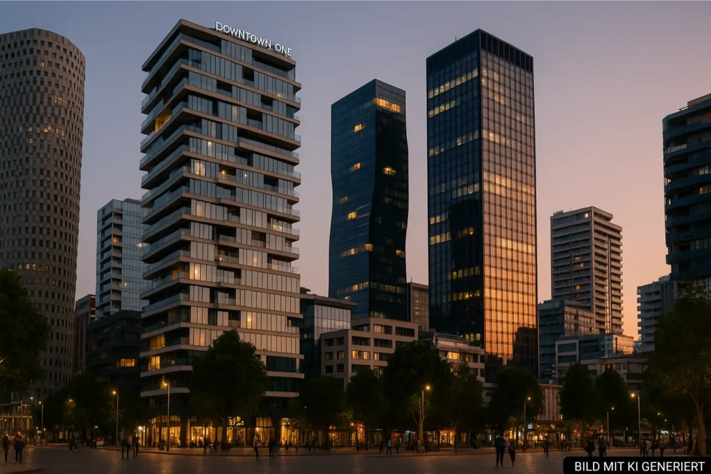 Abendliche Skyline von Tirana mit modernen Hochhäusern wie TID Tower und Downtown One