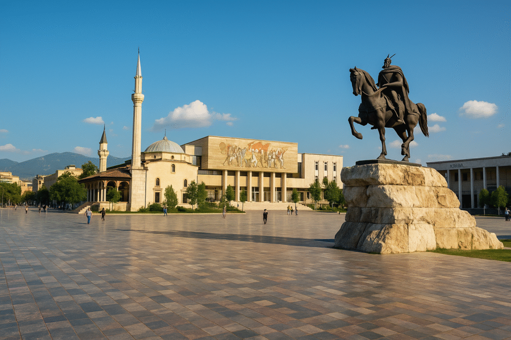 Skanderbeg-Platz mit Reiterstatue, Moschee und Nationalmuseum in Tirana bei Sonnenschein