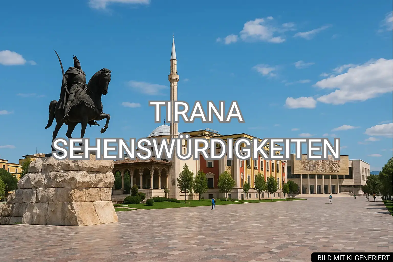 Skanderbeg-Platz in Tirana mit Reiterstatue, Moschee und Nationalmuseum bei Sonnenschein