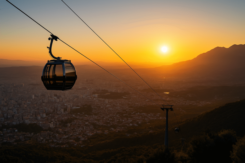 Blick vom Dajti-Berg auf Tirana bei Sonnenuntergang mit Seilbahn und Bergen