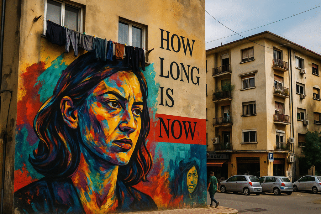 farbintensives Street Art Mural an Hausfassade in Tirana mit gesellschaftskritischem Motiv
