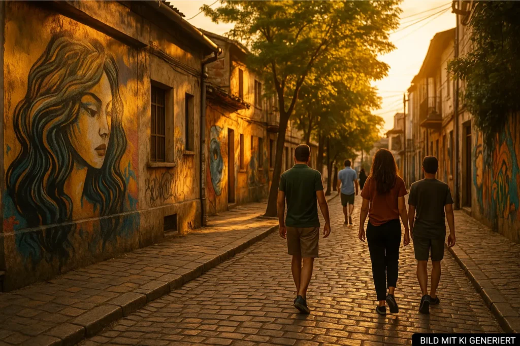 Spaziergang durch Tiranas Altstadt mit Street-Art bei Abendlicht