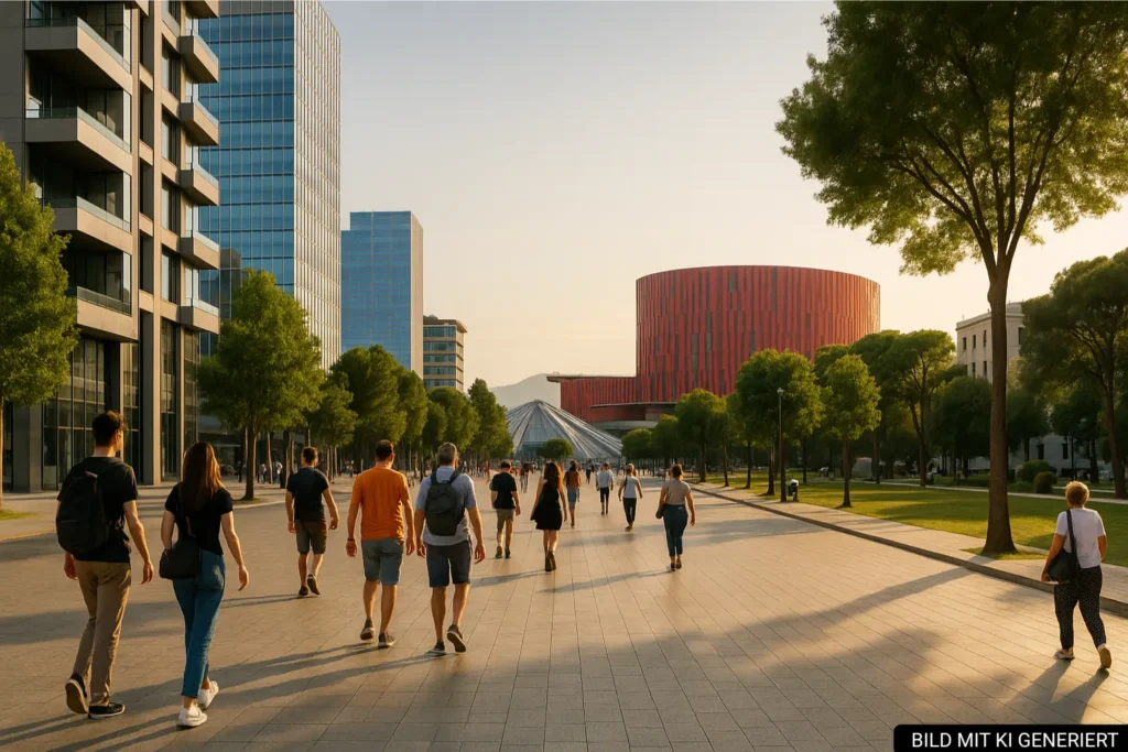 Spaziergänger auf dem Boulevard Dëshmorët e Kombit vor moderner Architektur in Tirana