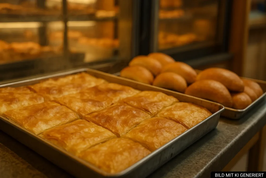 Frischer Byrek und Kifle in einer Bäckerei in Tirana