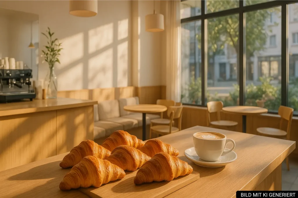 Modernes Frühstückscafé in Tirana mit Croissants und Kaffee