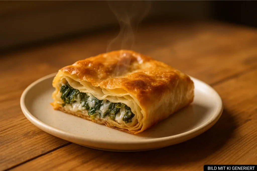 Frisches Byrek-Stück in Tirana mit Spinat-Käse-Füllung