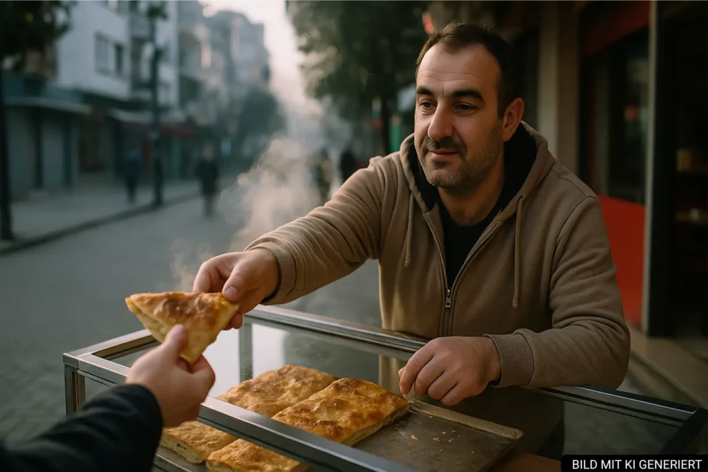 Straßenstand in Tirana mit frisch gebackenem Byrek