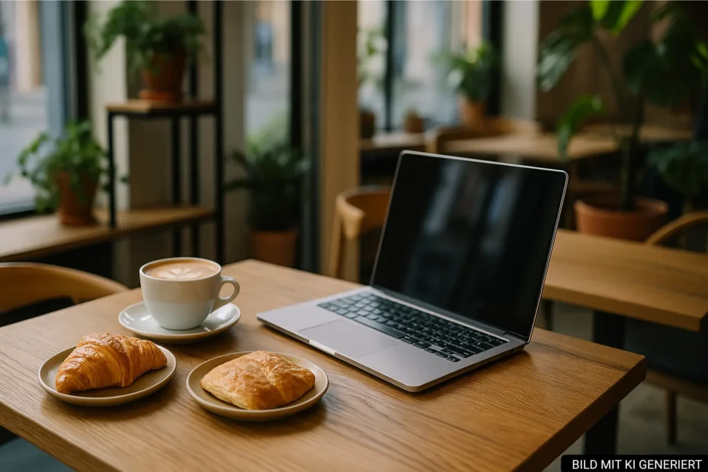Café in Tirana mit Cappuccino und Croissant auf Holztisch