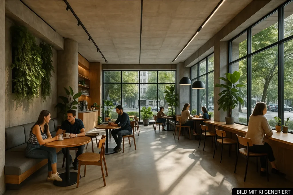 Modernes Designcafé in Tirana mit urbanem Interieur aus Beton, Holz und Licht