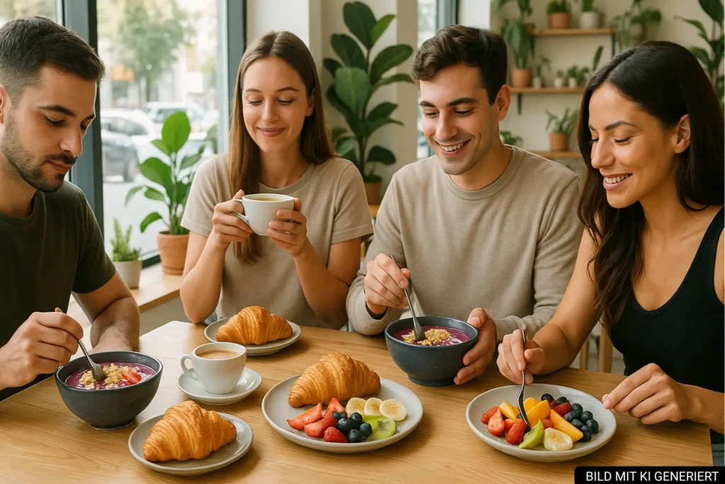 Frühstücksszene in Tirana mit Smoothie-Bowls, Croissants und Kaffee in modernem Café