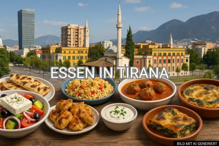 Auswahl traditioneller albanischer Gerichte mit Blick auf Tirana und Dajti-Gebirge im Hintergrund