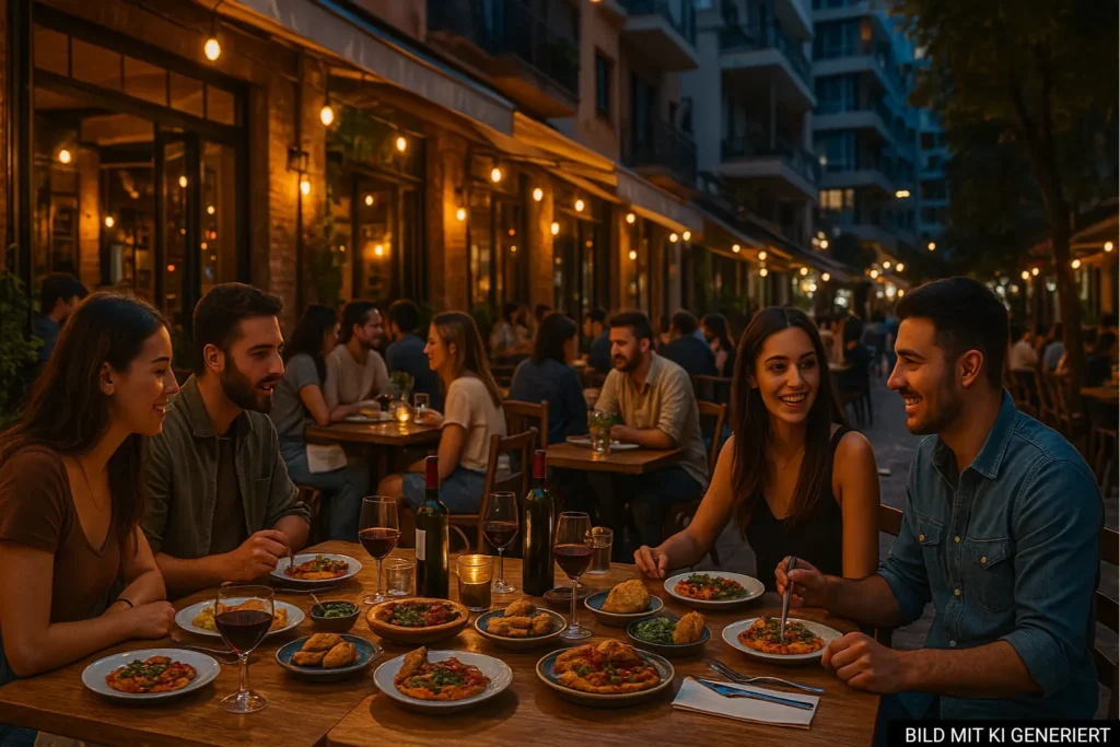 Restaurantszene in Tirana mit mediterraner Atmosphäre im Viertel Blloku