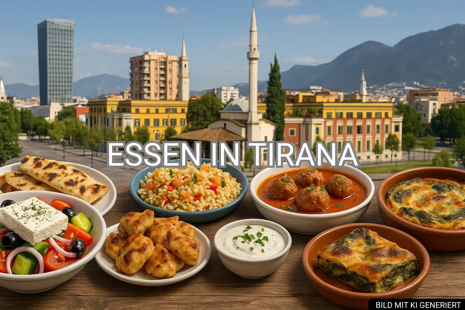 Auswahl traditioneller albanischer Gerichte mit Blick auf Tirana und Dajti-Gebirge im Hintergrund