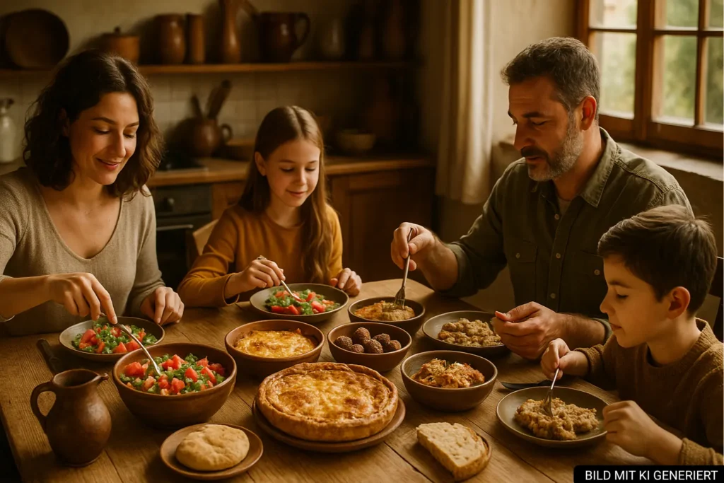 Albanische Familie beim gemeinsamen Essen in Tirana