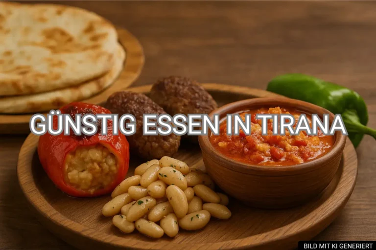 Günstig essen in Tirana – traditionelle albanische Gerichte mit Qofte, gefüllter Paprika, Bohnen und Fërgesë auf rustikalem Holztisch.