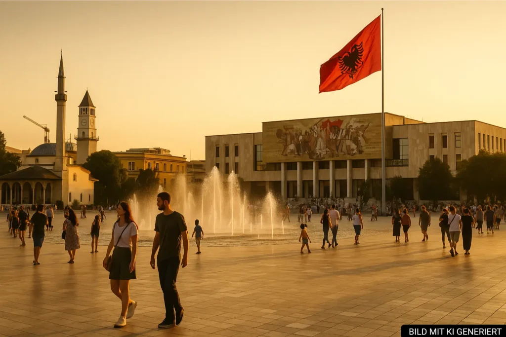 Skanderbeg-Platz in Tirana bei Abendlicht mit Brunnen und Passanten