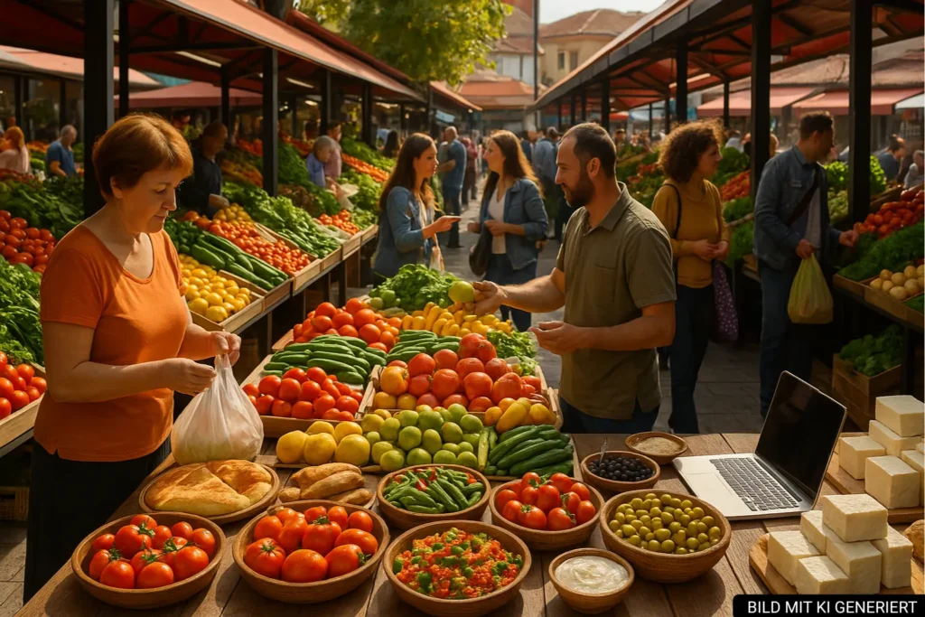 Marktstände mit Obst und Gemüse am Pazari i Ri in Tirana