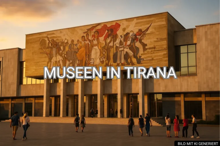 Historisches Nationalmuseum in Tirana bei Sonnenuntergang mit Besuchern auf dem Vorplatz