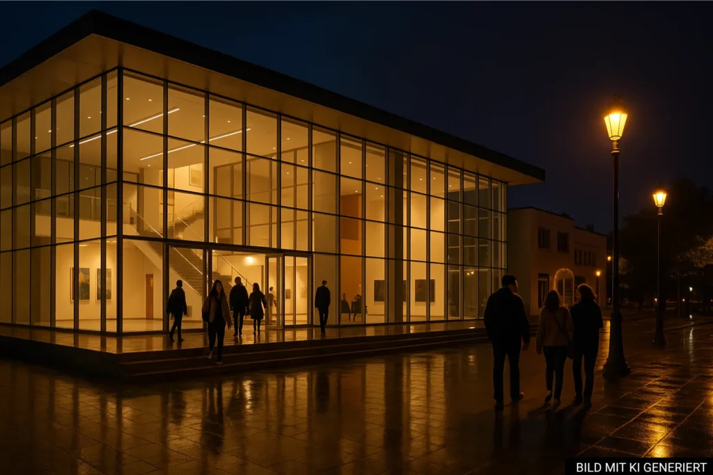 Modernes Museum in Tirana bei Abendbeleuchtung