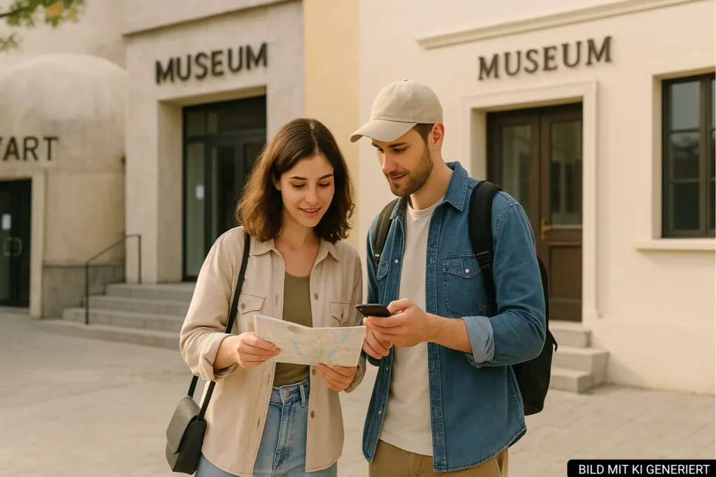 Reisende vor einem Museum in Tirana bei Tageslicht