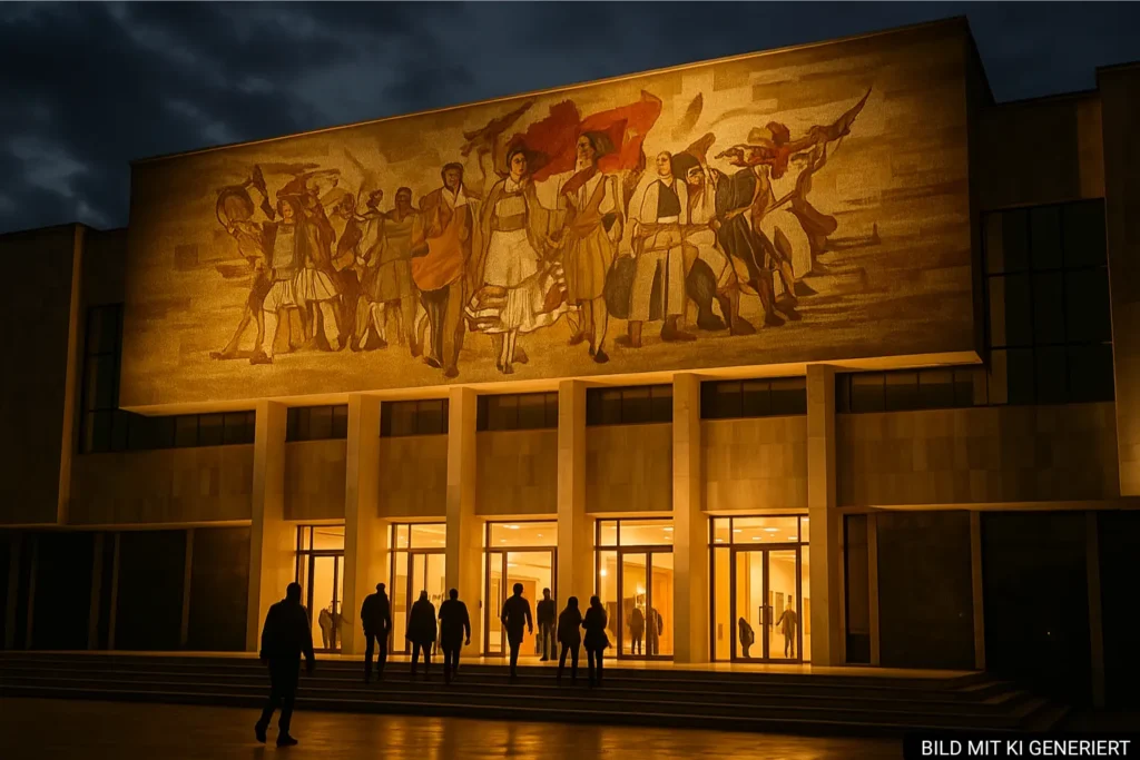 Historisches Nationalmuseum Tirana mit beleuchtetem Mosaik am Abend