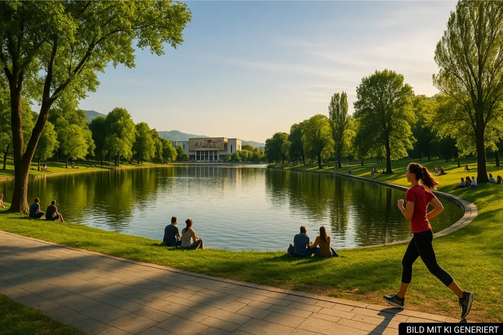 Spaziergänger und Jogger am See im Parku i Madh in Tirana