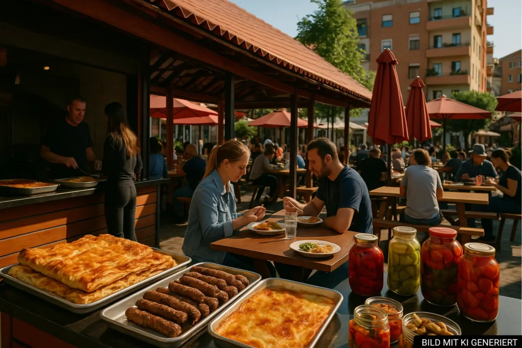 Marktstände mit typischen Gerichten in Tiranas Stadtviertel Pazari i Ri