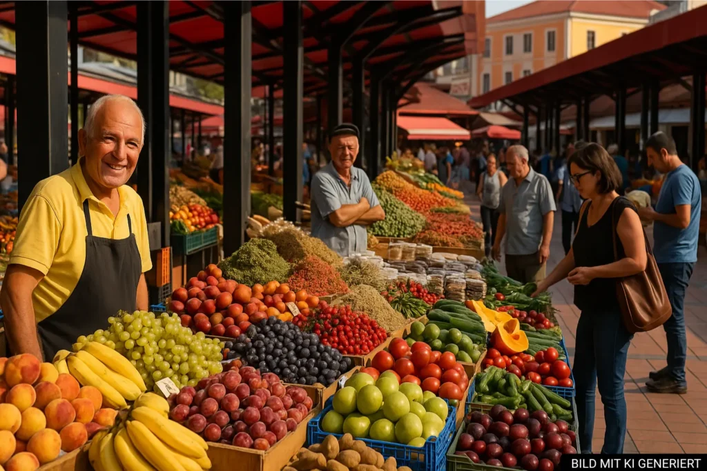Marktstände am Pazari i Ri in Tirana mit Obst und Gewürzen