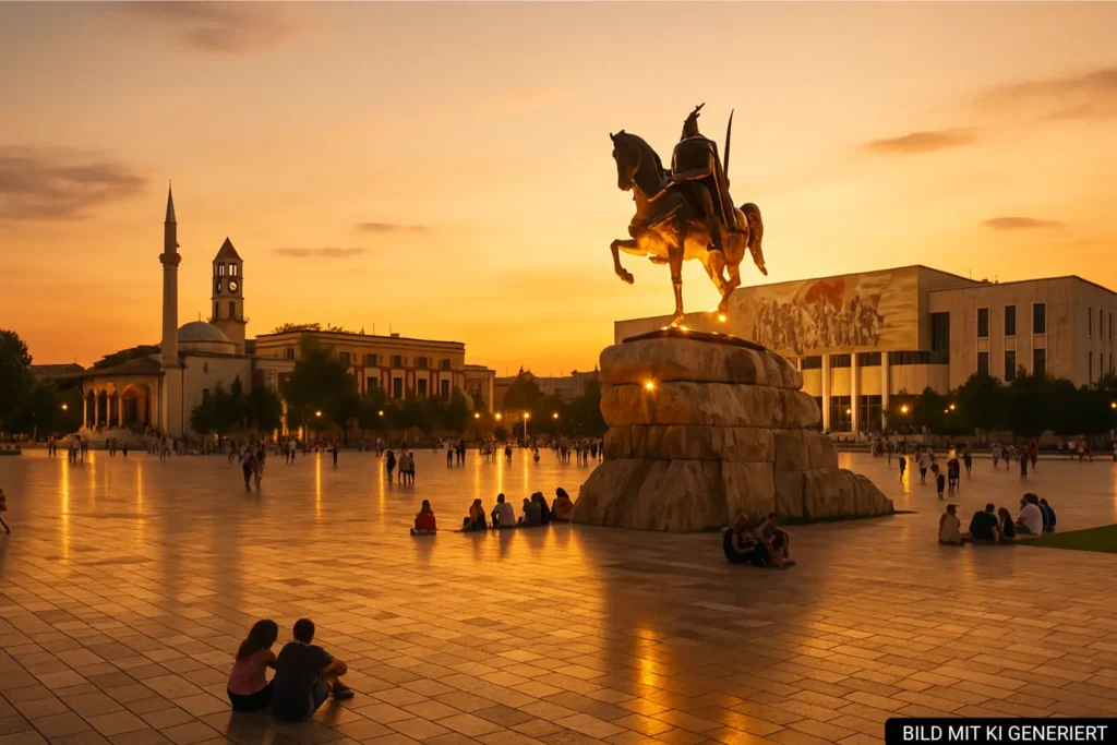 Abendstimmung auf dem Skanderbeg Platz in Tirana mit Statue