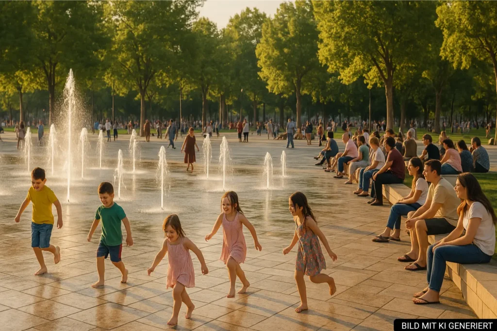 Menschen genießen den Skanderbeg Platz in Tirana mit seinen Wasserfontänen