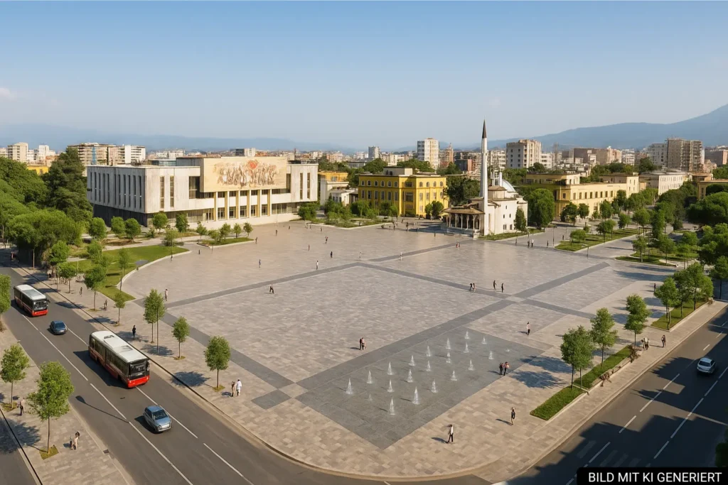 Übersicht des Skanderbeg Platzes Tirana mit Wegen und Gebäuden