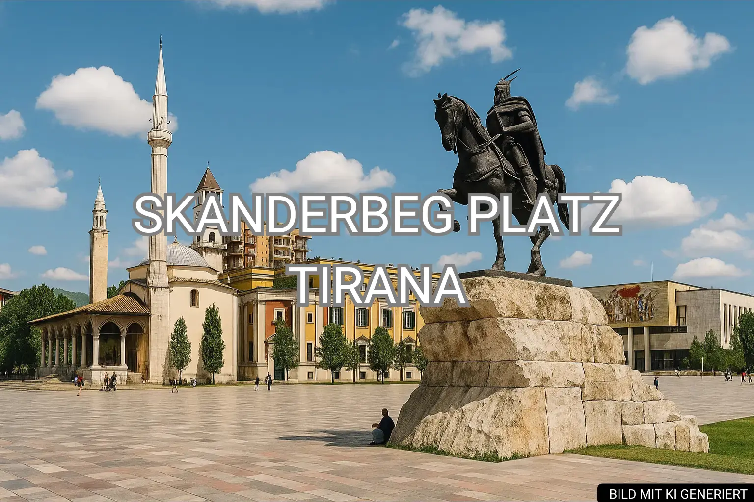 Reiterstatue von Skanderbeg auf dem zentralen Platz in Tirana, umgeben von historischen Gebäuden bei Sonnenschein
