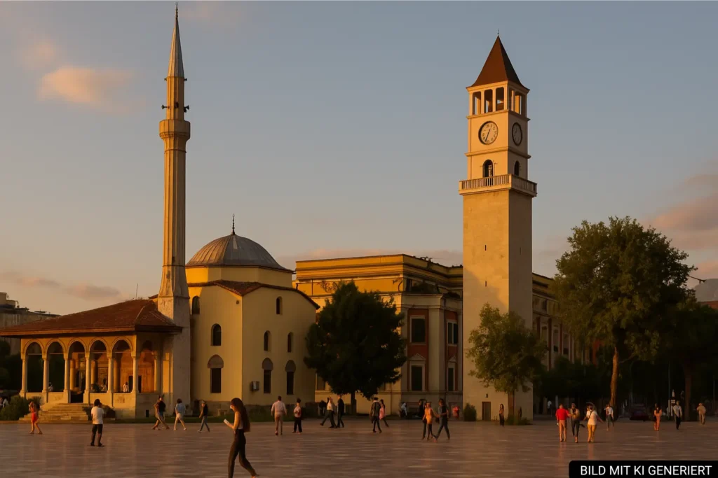 Et’hem-Bey-Moschee und Uhrturm am Skanderbeg Platz Tirana bei Abendlicht