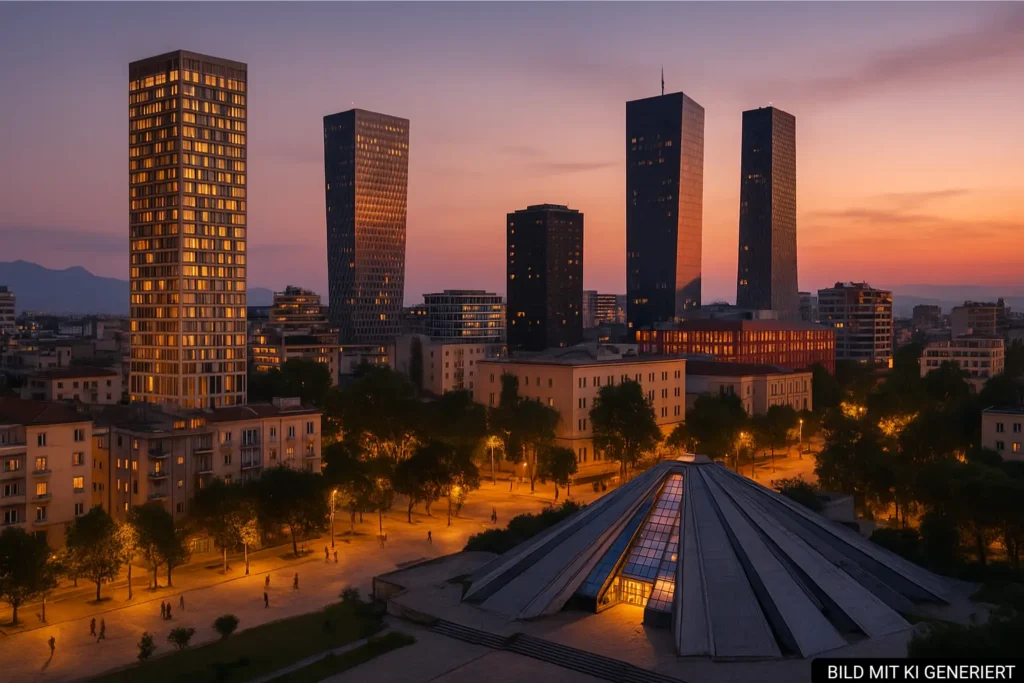 Abendliche Skyline von Tirana mit modernen Gebäuden wie Downtown One und Piramida