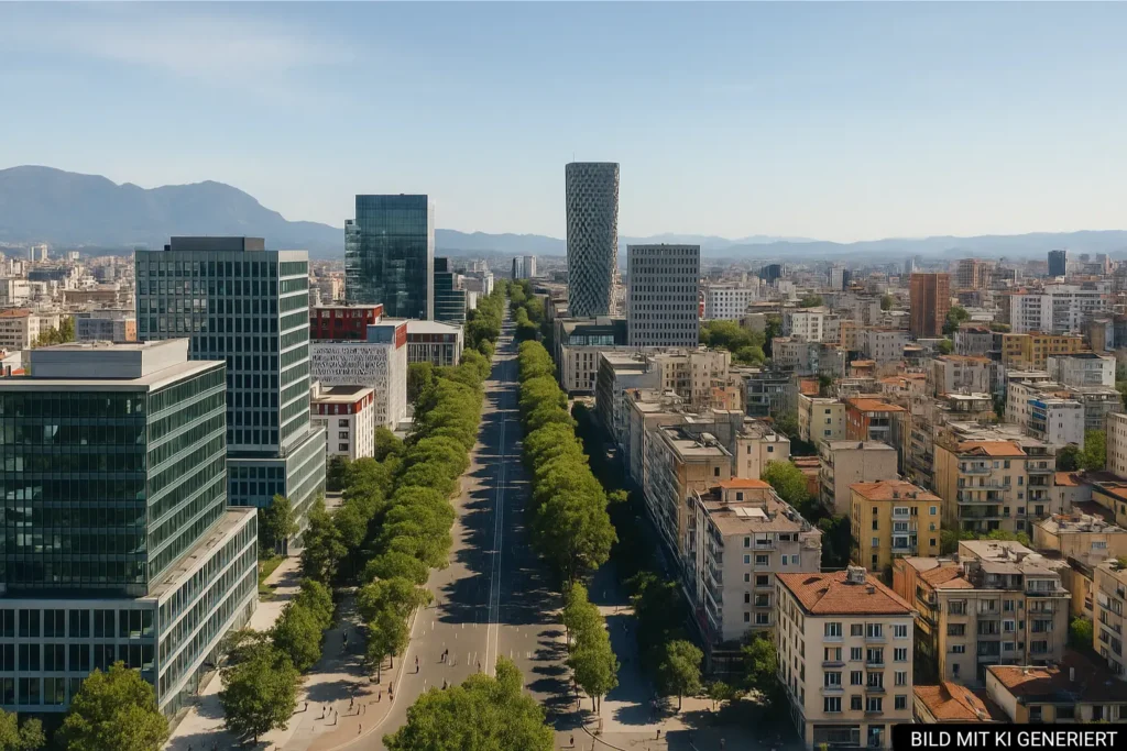 Luftaufnahme moderner Architektur in Tirana entlang des Boulevards Dëshmorët e Kombit