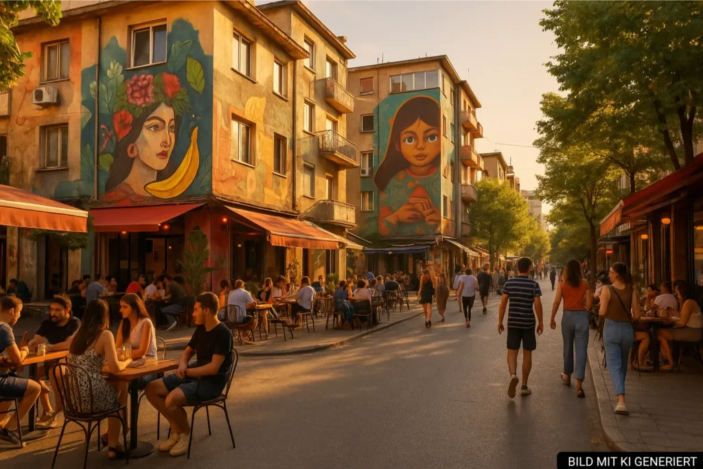 Street Art im Viertel Blloku in Tirana mit modernen Murals und Cafés
