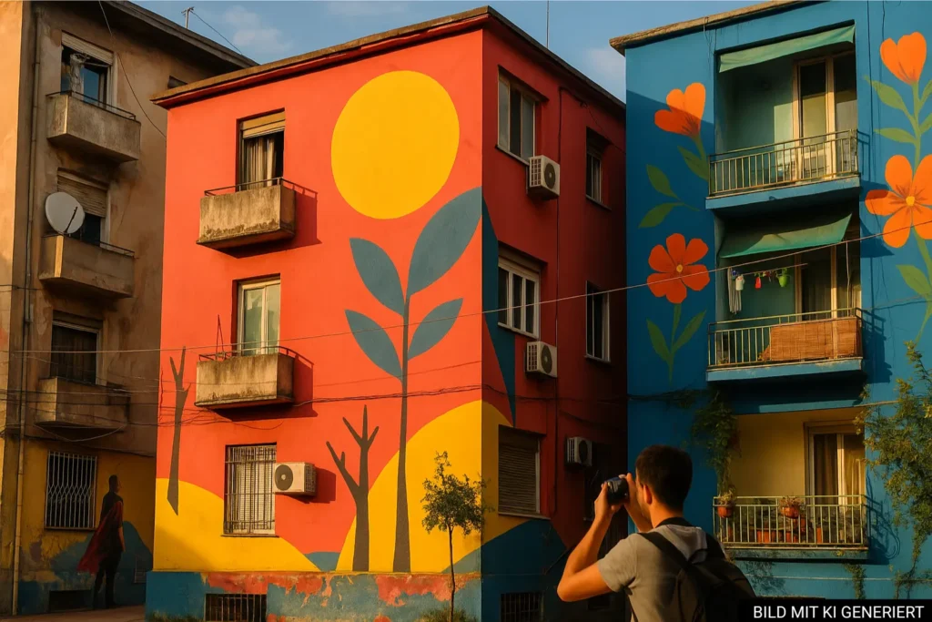 Bunte Street-Art-Fassaden in einem Wohnviertel Tiranas