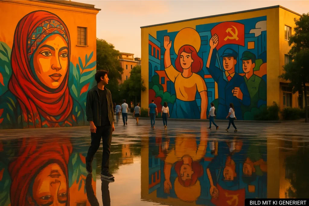 Spaziergänger vor bunten Murals in Tirana bei Abendlicht