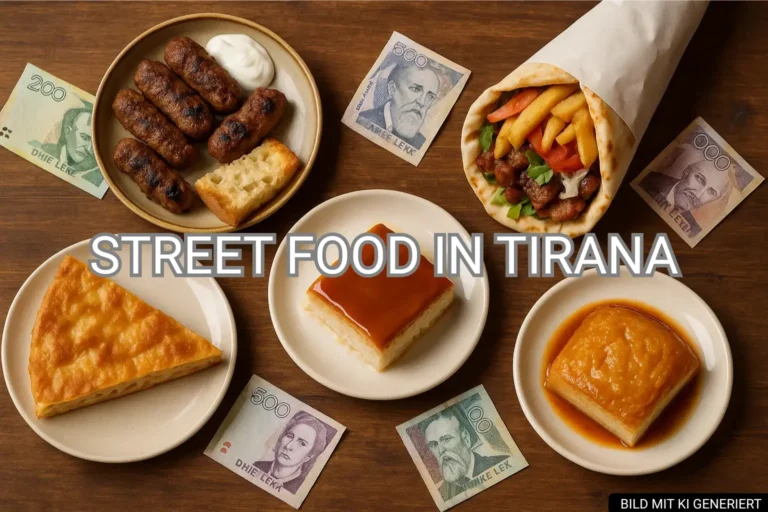 Typische Streetfood-Gerichte in Tirana – Byrek, Qofte, Sufllaqe und Trileçe auf einem Holztisch mit albanischen Lek-Banknoten