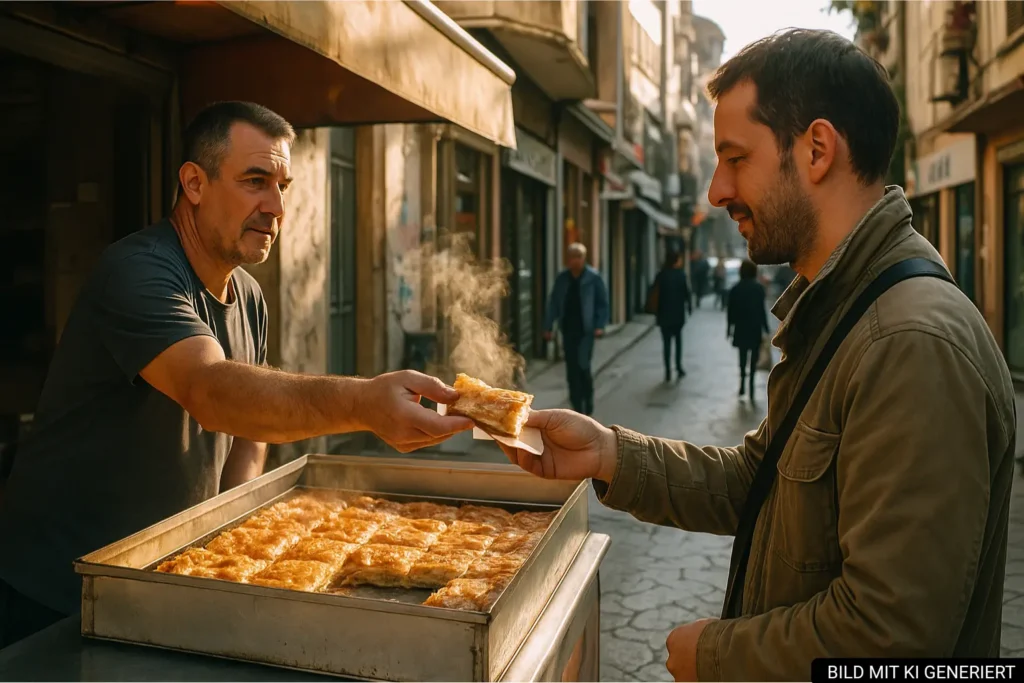 Streetfood-Stand in Tirana mit frisch gebackenem Byrek